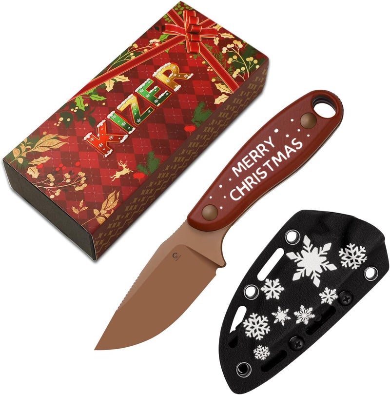 KIZER Hare Fixed Blade Knife with Sheath, 3.14" D2 Sunset Metal PVD Blade EDC Hunting Knife with Red G10 Handle, Small Camping Knives for Men Women, Pocket Carry Survival Neck Knives, 1077MC1 - Image 1